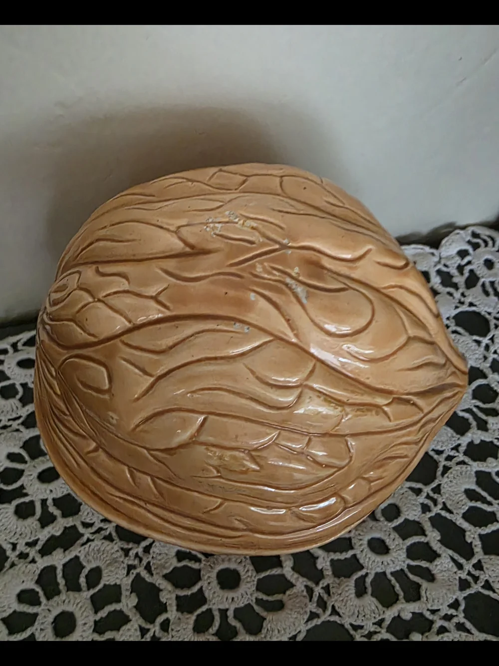 Ceramic Walnut Shaped Candy Cookie Trinket Dish in Tan